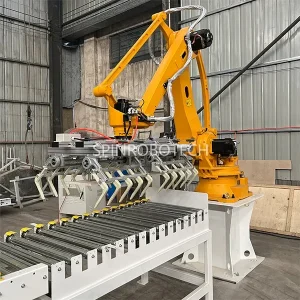 Customized robotic palletizer for 10KG-80KG bags, with customized double grippers, can be CE certificated. Automatic robotic arm palletizing machine system for bagged products.