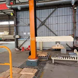 Intelligent Stacking Robot, customized dual‑lane palletizing cell with two pallet stations for 15KG 20KG 25KG 30KG white sugar bags, PLC control automatic palletizer with customized grippers, can be CE certificated.