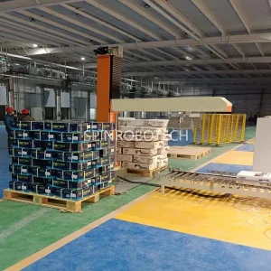 Battery Palletizing Solution, dual-station column palletizer for 20KG 30KG battery pack with customized double clamps, heavy-duty single column-type rotating palletizing stacking system with CE certificate