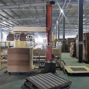 Dual‑position palletizer for 30KG 35KG cardboard bundles, customized dual‑line dual‑pallet palletizing workstation system with rotatable gripper, automatic PLC control palletizing machine, with CE certification