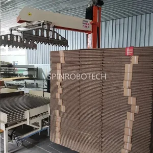 Packaging palletizing machine, Panel Stacking Machine, Dual‑position palletizer for 30KG 35KG cardboard bundles, customized dual‑line dual‑pallet palletizing workstation system with rotatable gripper, automatic PLC control palletizing machine, with CE certification