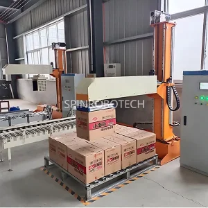 Carton Palletizing Robot, XYZ Cartesian Coordinate Palletizer with Customized Vacuum Gripper for 17KG Boxes, Food-grade Palletizing Machine with CE certification. Cartesian XYZ palletizer: Compact, Easy to Install, High Safety, and Low Initial Cost.