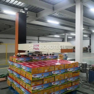 Warehouse automation palletizing, Dual-Station Column Rotary Palletizing Robot for 12KG Boxes of Ham Sausage, Customized Food-Grade Palletizer with Vacuum Gripper , CE certification