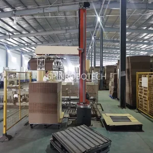 column palletizer, Dual‑position palletizer for 30KG 35KG cardboard bundles, customized dual‑pallet palletizing workstation with rotatable gripper, PLC automatic palletizing machine, with CE certification