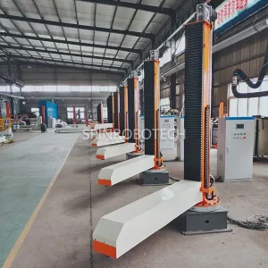 Column Palletizing Robot, Model MR-180 Single Column Rotaty Palletizer, Dual‑lane Palletizing Cell with Two Pallet Stations, Continuous Operation, No Speed Loss, with CE certification