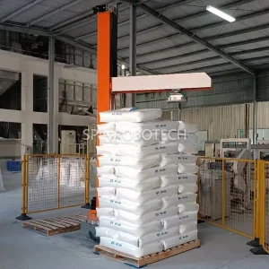 Bag Palletizing Robot, Customized Column Rotary Palletizing Robot with Customized Gripper for 30KG Bagged Hydrated Lime Powder, Automatic Dual-station Column Palletizing Machine with CE Certification. SPIN’s Rotary Column Palletizer: Dual-station, continuous operation, no speed loss.