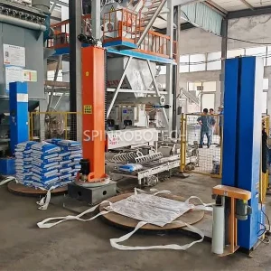 Single Column Palletizing Robot, Dual‑station Palletizing Robot Equipped with Wrapping Machine, Dual‑lane Palletizing Cell with Two Pallet Stations for 25KG 30KG Bagged Products, can be CE certificated