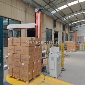 Column Stacking Machine, High-speed Rotary Column Palletizer with Customized Gripper for 10.5KG Boxes of Stainless Steel Pot, Automatic Rotating Column Palletizing Robot with CE Certification. SPIN’s Rotary Column Palletizer: Dual-station, continuous operation, no speed loss.