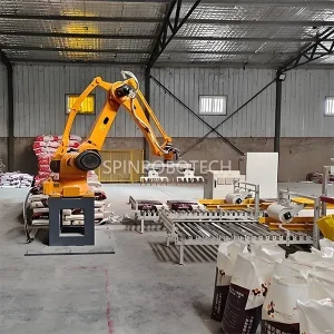 Axis Robot Palletizer, Articulated Robotic Arm Palletizing Machine for 50KG Bagged Chemical Fertilizer. Dual-station ESTUN Robotic Arm Palletizer & Depalletizer with Customized Double Gripper. Full Automatic Palletizing & Depalletizing Machine with CE Certification.
