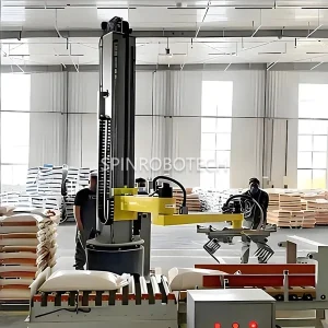Column Palletizers for Bagged Products, Customized 2-Axis Crank Arm Column Rotary Palletizing Machine with Customized Gripper for 20KG 30KG 40KG 50KG bagged Products, Dual-position High -speed Palletizing Robot with CE Certification. SPIN's Column rotating palletizer: Dual-station, continuous operation, no speed loss.