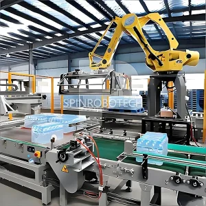 Robotic Palletizers for Shrink Package, customized ESTUN 4-axis robotic arm palletizing machine for 20kg 40kg film-wrapped mineral water beverage, equipped with customized gripper, with CE certification