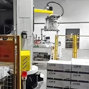 Column 2 Axis Palletizing Robot, Automatic Dual-station Rotating Column Palletizer with Customized Clamp Gripper for 20KG 30KG 40KG Boxes, Customized Crank Arm Rotary Column Palletizing Machine with CE Certification. SPIN's Column rotating palletizer: Dual-station, continuous operation, no speed loss.