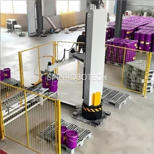 Column Palletizers for Barrels Products, Automatic Dual-station High-speed Rotating Column Palletizing Machine, Equipped Customized Gripper for 25KG Drum-packed Paint, Intelligent Double Palletizing Workstation Palletizer with CE Certification. SPIN's Column rotating palletizer: Dual-station, continuous operation, no speed loss.