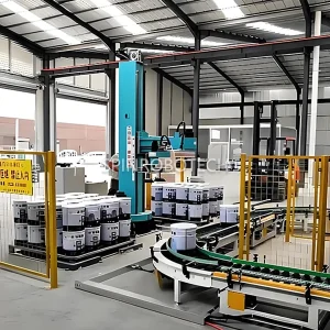 Column Palletizer for Chemicals Barrels, single column crank arm palletizing machine, equipped customized clamp-type gripper, automatic high-speed 2-axis palletizing equippment with clamping gripper for 15kg 20kg 30kg drums of chemical raw materials, with strong CE certificate
