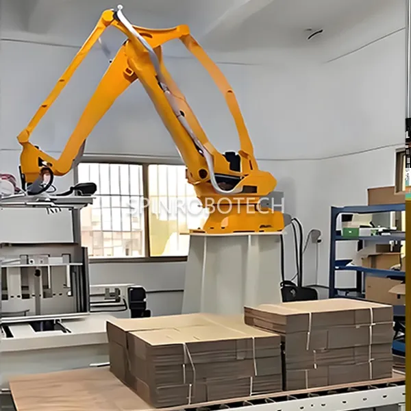 Rotobic Palletizers for Cardboard, ESTUN robotic arm palletizing machine, equipped customized gripper for 20kg 30kg bundles of flat carton sheets, customized 4-axis 6-axis palletizing robots with CE certification