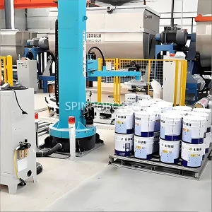 Barrel Palletizing Robot, single column crank arm palletizing machine, equipped customized clamp-type gripper, automatic high-speed 2-axis palletizing equippment with clamping gripper for 15kg 20kg 30kg drums of chemical raw materials, with strong CE certificate