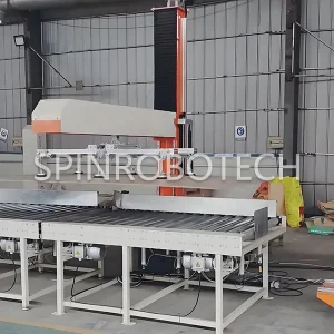 Customized Gripper Column Palletizer, customized column rotary palletizing robot for 10KG 20KG 30KG metal plates, can be equipped with vacuum suction gripper, automatic PLC control palletizing machine, with CE certification. SPIN’s Column rotating palletizer: Dual-station, continuous operation, no speed loss.