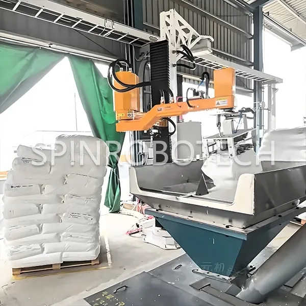 Single Column Depalletizing Robot, Column Depalletizer & Debagging Machine for 30kg bags of Plastic Particle, custiomized bag slitting machine quipped with 3D camera vision, can be CE certificated. SPIN’s Column Crank Arm Palletizer: Flexible articulated arm, strong impact resistance, ideal for bag breaking and feeding.
