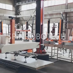 Heavy-duty Column Palletizer, customized column palletizing machine with vacuum suction gripper for 15KG 20KG 50mm heated board in construction industry, automatic palletizing robot with CE certification. SPIN’s Column rotating palletizer: Dual-station, continuous operation, no speed loss.