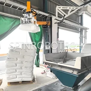 Intelligent Depalletizing Robot, Column Depalletizing & Debagging Machine for 30kg bags of Plastic Particle, custiomized bag slitting machine quipped with 3D camera vision, can be CE certificated. SPIN’s Column Crank Arm Palletizer: Flexible articulated arm, strong impact resistance, ideal for bag breaking and feeding.