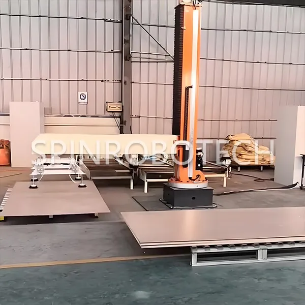 Customized Gripper Palletizing Robots, single column rotary palletizing machine with vacuum suction gripper for 15KG 20KG 50mm heated board in construction industry, automatic PLC control robotic palletizing robot with CE certification. SPIN’s Column rotating palletizer: Dual-station, continuous operation, no speed loss.