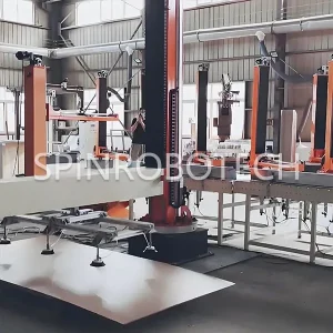 Robot Palletizer with Magnetic Gripper, customized column rotary palletizing robot for 10KG 20KG 30KG metal plates, automatic PLC control robotic palletizing machine, with CE certification. SPIN’s Column rotating palletizer: Dual-station, continuous operation, no speed loss.