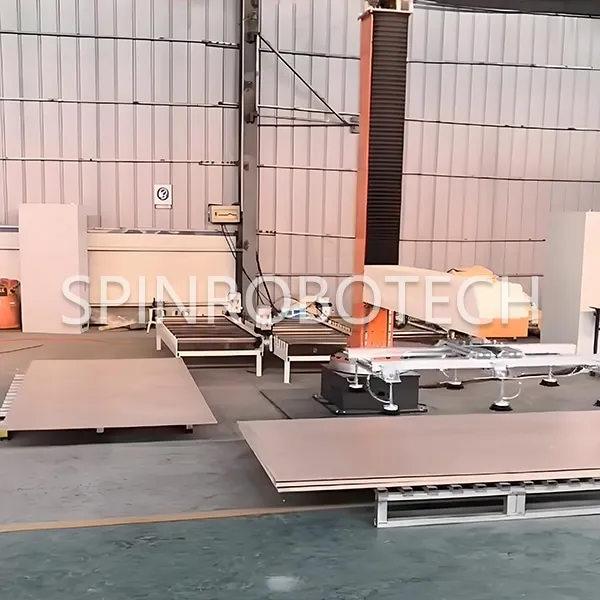 Robot Palletizer for Metal Plates, single column palletizing machine with customized gripper for 15KG 20KG 50mm heated board in construction industry, automatic palletizing robot with CE certification. SPIN’s Column rotating palletizer: Dual-station, continuous operation, no speed loss.