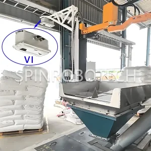 Debagging Machine with Visual Identity, Automatic Depalletizing Machines, Column Depalletizer & Debagging Machine for 30kg bags of Plastic Particle, custiomized bag slitting machine quipped with 3D camera vision, can be CE certificated. SPIN’s Column Crank Arm Palletizer: Flexible articulated arm, strong impact resistance, ideal for bag breaking and feeding.