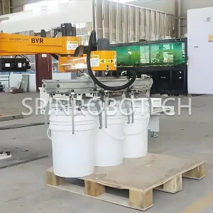 Column palletizing robots for barrels, equipped customized clamp-type gripper, automatic high-speed 2-axis palletizing machine with clamping gripper for 25kg 30kg drum-packed liquid paint, with strong CE certificate
