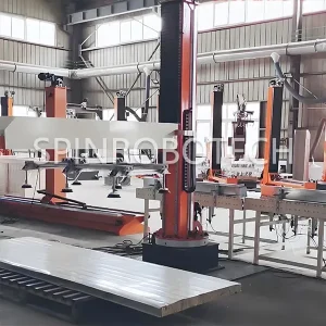 Heavy-duty Robot Palletizer, customized column palletizing machine with vacuum suction gripper for 15KG 20KG 50mm heated board in construction industry, automatic robotic palletizing robot with CE certification. SPIN’s Column rotating palletizer: Dual-station, continuous operation, no speed loss.