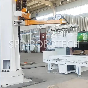 Column Palletizing Robot for Barrels, equipped customized clamp-type gripper, automatic high-speed 2-axis palletizing machine with clamping gripper for 25kg 30kg drum-packed liquid paint, with strong CE certification. SPIN's Column rotating palletizer: Dual-station, continuous operation, no speed loss.