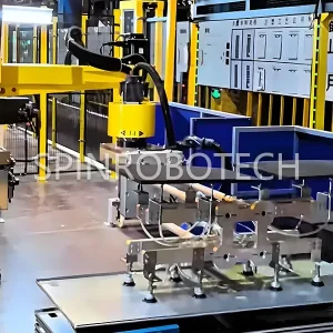2 Axis Column Palletizer, Equipped Customized Double Gripper for Metal Paltes, High-speed Dual-station Column Rotary Palletizing & Depalletizing Machine with CE Certification. SPIN’s Rotary Column Palletizer: Dual-station, continuous operation, no speed loss.