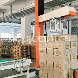 Column Palletizer with Integrated Gripper, customized dual-station palletizing machine for 25kg boxes of beverages, automatic high-speed PLC palletizing robot with CE certification