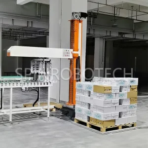 Customized Integrated Gripper Palletizer for 10kg Boxes of Mineral Water, Single Column Rotating Palletizing Machine, Dual‑lane Palletizing Cell with Two Pallet Stations, can be CE certificated. SPIN’s Column rotating palletizer: Dual-station, continuous operation, no speed loss.