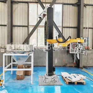 customized depalletizing and bag opening machine for 10-50kg bags, with CE certification. SPIN’s Column Crank Arm Palletizer: Flexible articulated arm, strong impact resistance, ideal for bag breaking and feeding.
