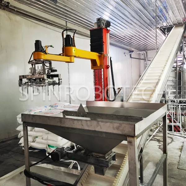 Column Debagging Machine for 50KG Bagged White Sugar Granule, MR-200S depalletizing and debagging machine, with CE certificate. SPIN’s Column Crank Arm Palletizer: Flexible articulated arm, strong impact resistance, ideal for bag breaking and feeding.