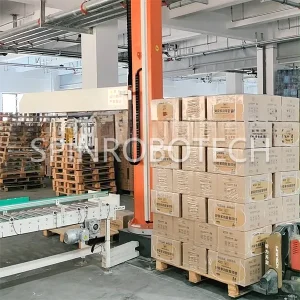 Rotating Column Palletizer, customized dual-position palletizing machine with integrated gripper for 25kg cartons of beverages, PLC control automatic palletizing robot with CE certification