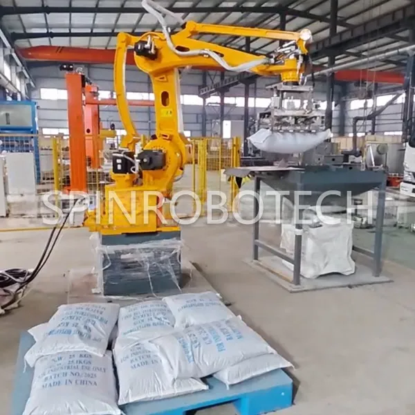ESTUN 4-Axis Robotic Arm, Equipped with Specialized End-of-Arm Tooling (EOAT). Articulated Axis Robotic Arm Depalletizing Bag Emptying Machine with Customized Gripper for Bagged Products, High-speed Debagging Machine Equipped with Material Silo, can be CE Certificated.