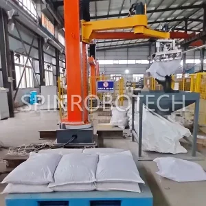 Depalletizing Bag Slitting Machine, Automatic 25kg plastic granule bag slitting and discharging system, Custom column-type unpacking machine, with CE certification. SPIN’s Column Crank Arm Palletizer & Depalletizer: Flexible articulated arm, strong impact resistance, ideal for bag breaking and feeding.