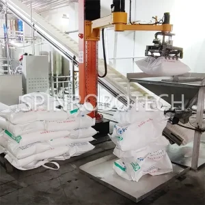 Column Articulated Arm Depalletizing Line for 50KG Bagged White Sugar, Single Column Rotating Crank Arm Depalletizer, Integrating pallet unloading, bag breaking, Belt Conveying Machine, and 3D Camera Vision, with CE certification. SPIN’s Column Crank Arm Palletizer: Flexible articulated arm, strong impact resistance, ideal for bag breaking and feeding.
