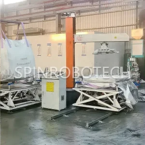 High-speed Palletizing Machine, Dual‑position palletizing machine with ton bags holders, customized column rotating robot palletizer for 25KG bags of silicon carbide particles, can be CE certificated