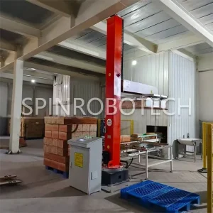 Column-type Full Layer Palletizer, Dual-station Column Rotary Palletizing Machine, Equipped with Custom Integrated Gripper, for 2KG Boxed Instant Noodles, with CE certification. SPIN's Column rotating palletizer: Dual-station, continuous operation, no speed loss.