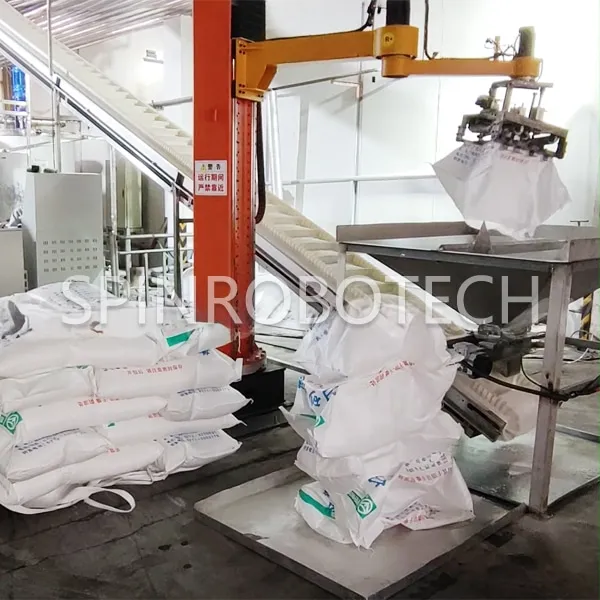 Customized Articulated Debagging Machine, Column Articulated Arm Depalletizing Line for 50KG Bagged White Sugar, Single Column Rotating Crank Arm Depalletizer, Integrating pallet unloading, bag breaking, Belt Conveying Machine, and 3D Camera Vision, with CE certification. SPIN’s Column Crank Arm Palletizer: Flexible articulated arm, strong impact resistance, ideal for bag breaking and feeding.