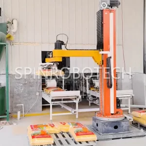 Dual-position Crank Arm Palletizeing Robot for 25kg Bags of Corn Grits, Customized Dual-station 2-Axis Rotating Column Palletizing Machine with special Gripper, High-speed Single Column Palletizing & Depalletizing Machine with CE certiofication. SPIN’s Rotary Column Palletizer: Dual-station, continuous operation, no speed loss.