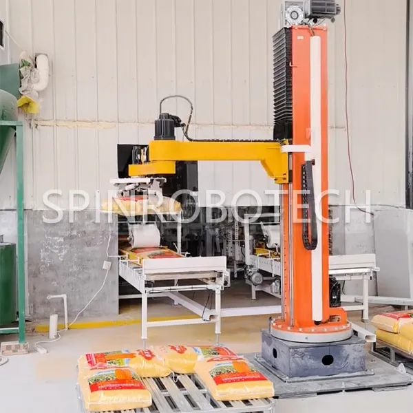Dual-position Crank Arm Palletizeing Robot for 25kg Bags of Corn Grits, Customized Dual-station 2-Axis Rotating Column Palletizing Machine with special Gripper, High-speed Single Column Palletizing & Depalletizing Machine with CE certiofication. SPIN’s Rotary Column Palletizer: Dual-station, continuous operation, no speed loss.