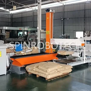 Cartesian XYZ Palletizing Machine, customized column palletizer for 25kg bags of plastic pellets, equipped customized gripper and sharping conveyor, heavy-duty cartesian palletizing robot with CE certification.