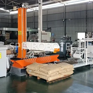 Low-price XYZ Cartesian Palletizer, customized column palletizing machine for 25kg PP bags of plastic pellets, equipped customized gripper and sharping conveyor, heavy-duty cartesian palletizing robot with CE certification. SPIN's Cartesian XYZ palletizer: Compact, easy to install, high safety, and low initial cost.