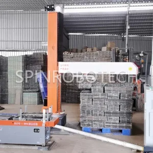 Rotary Palletizing Robot, Customized Dual-station Column Palletizer, equipped Custom Gripper with CE Ceetification. SPIN’s Rotary Column Palletizer: Dual-station, continuous operation, no speed loss.