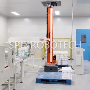 Frozen Food Palletizing, Custom Food-grade Dual-station Column Rotary Palletizer for 25KG Boxes of Frozen Meat Bun, Automatic Rotating Palletizing Robot in a Cold Storage SPIN's Column rotating palletizer: Dual-station, continuous operation, no speed loss.