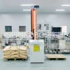 Food-grade Palletizing Machine, High-Speed Single Column Dual-Station Palletizer for 25kg Bags of Flour Improver, Customized dual‑lane palletizing cell with two pallet stations, PLC control automatic column palletizing machine with customized grippers, can be CE certificated